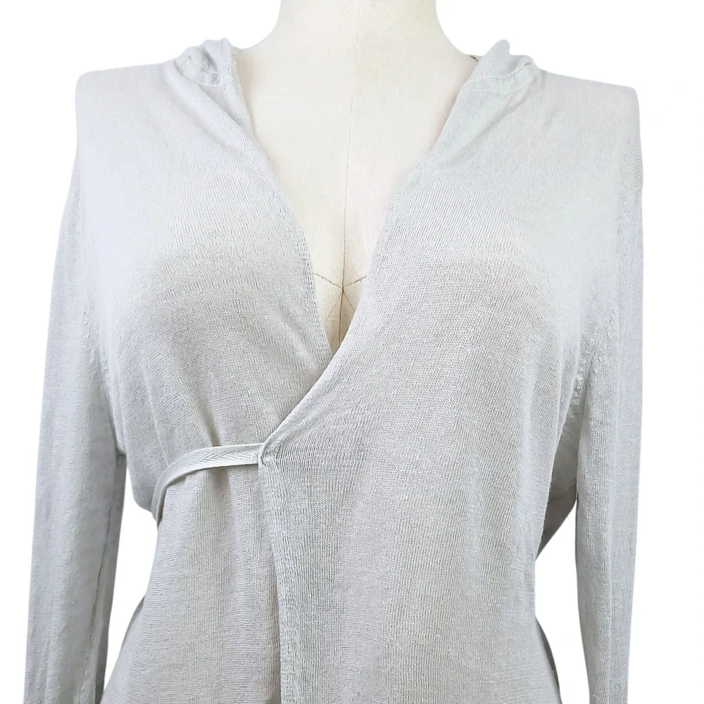 Bryn Walker SZ XL 100% Linen Long Sleeve Hooded Wrap Sweater Lightweight Gray